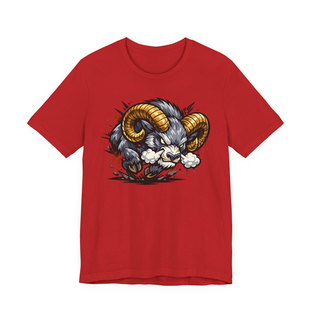 Red crew-neck T-shirt with angry ram graphic in gold, black, and white