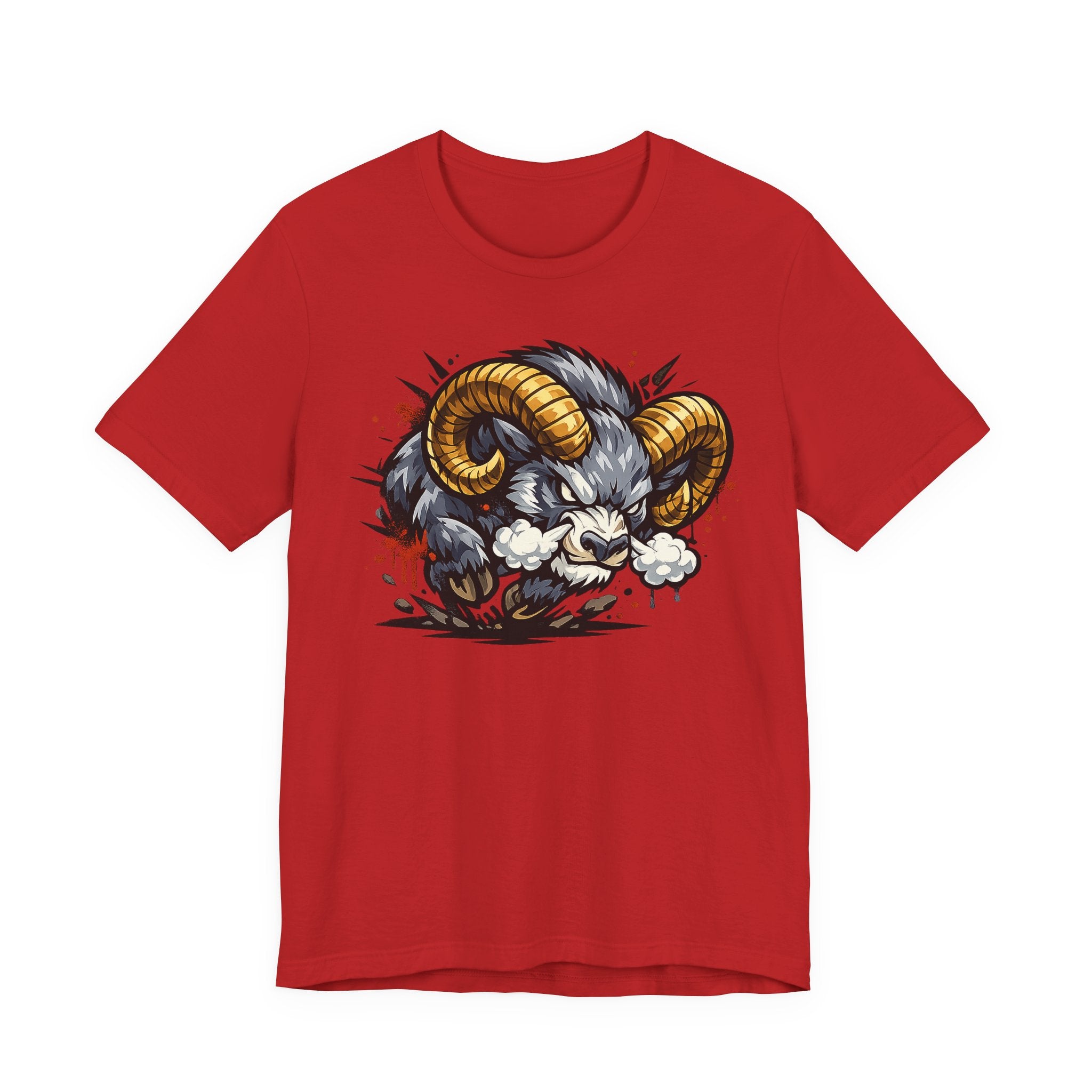 Red crew-neck T-shirt with angry ram graphic in gold, black, and white