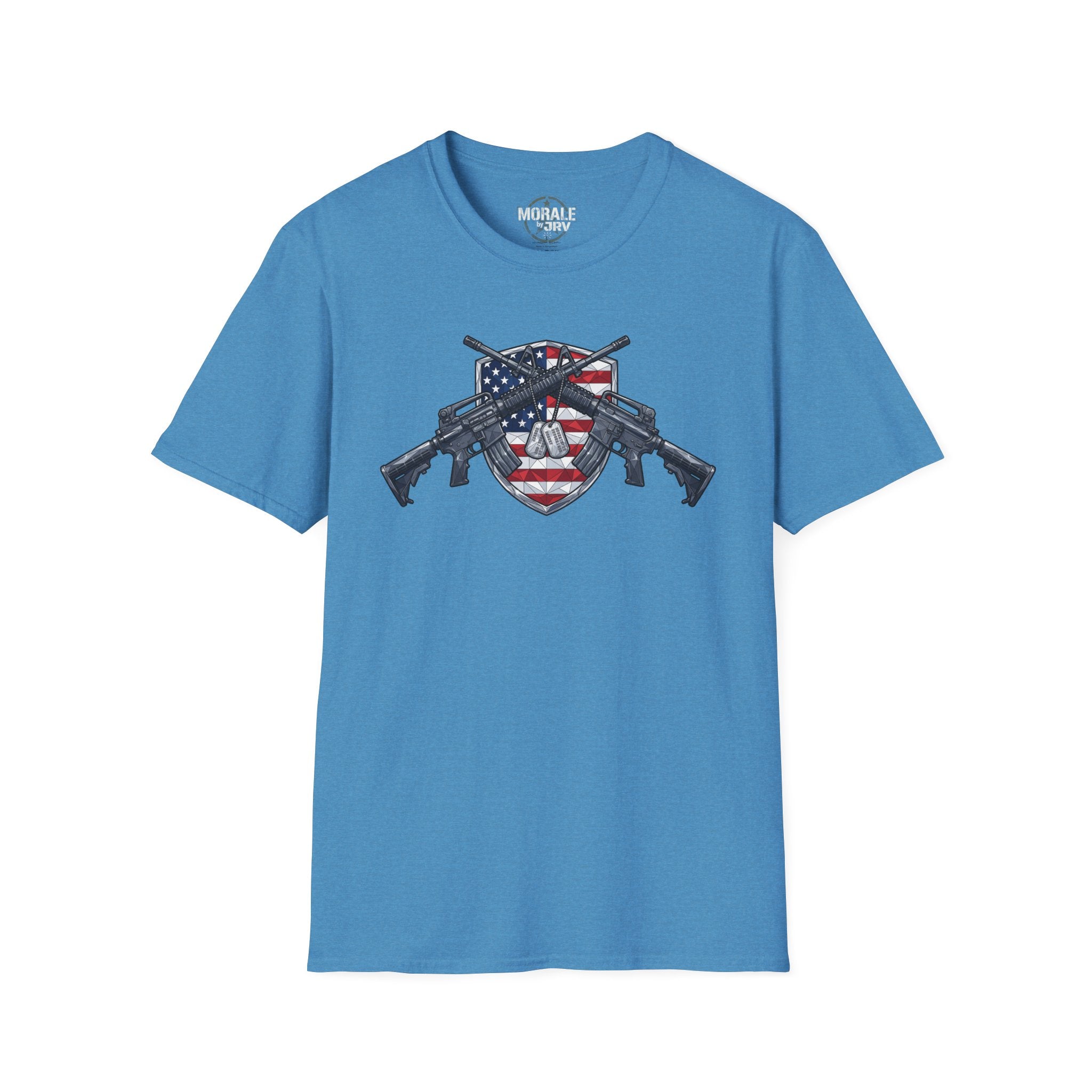 American flag skull shield T-shirt with crossed rifles, blue base