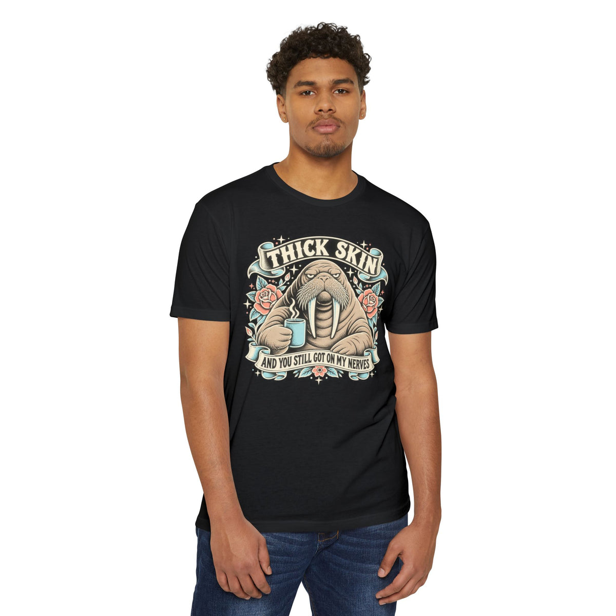 Black funny walrus graphic T-shirt with colorful front print