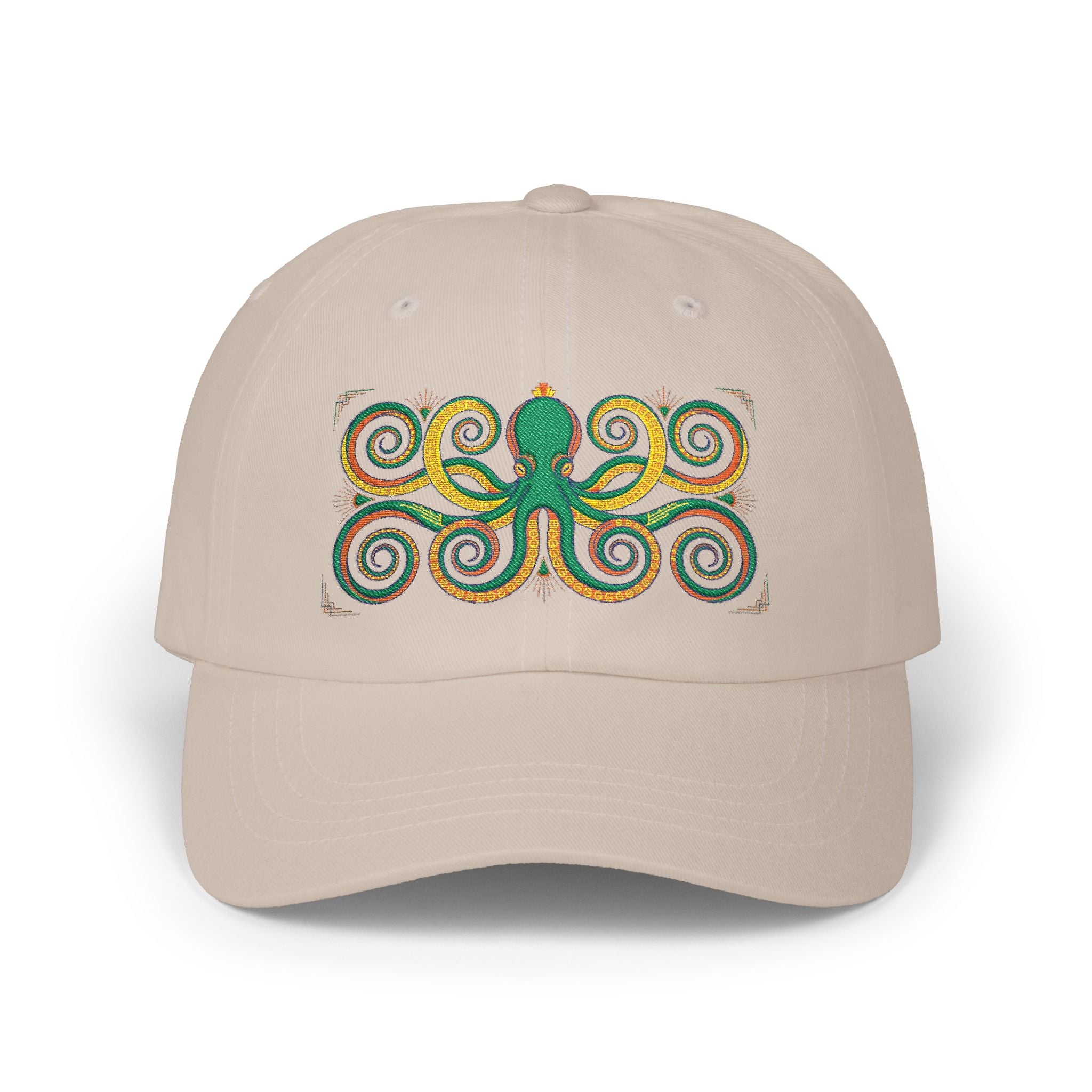 Khaki dad cap with multicolor octopus swirl embroidery on the front panel