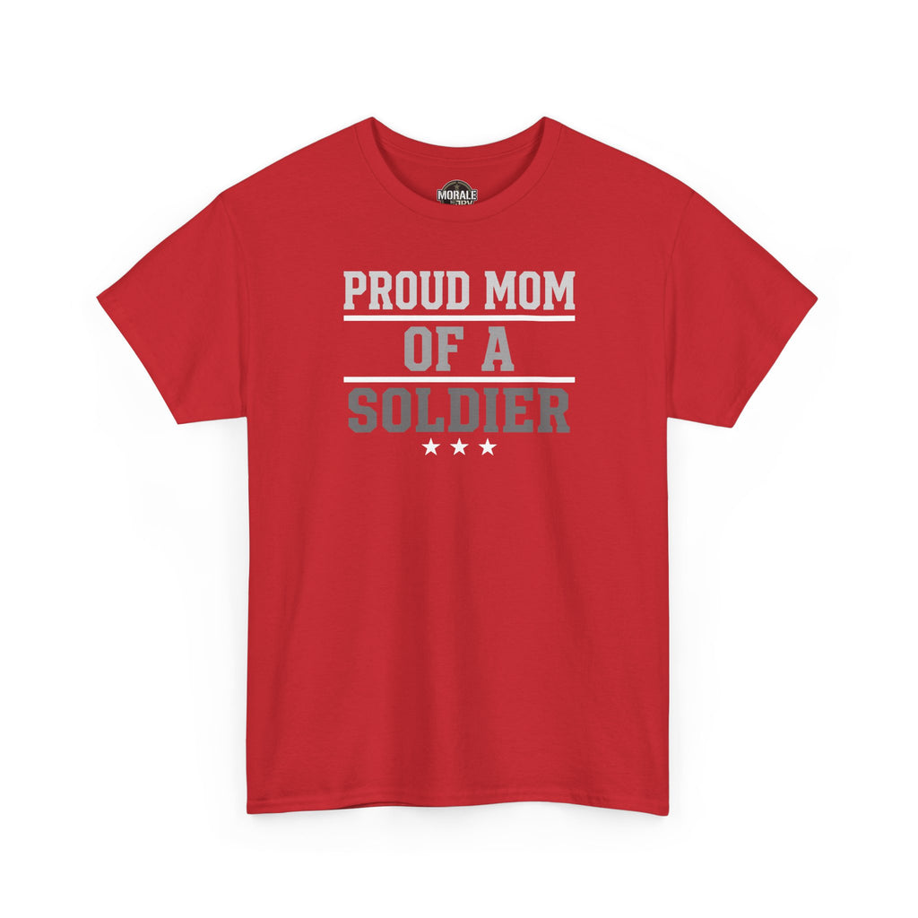 Red T-shirt with “Proud Mom of a Soldier” front graphic