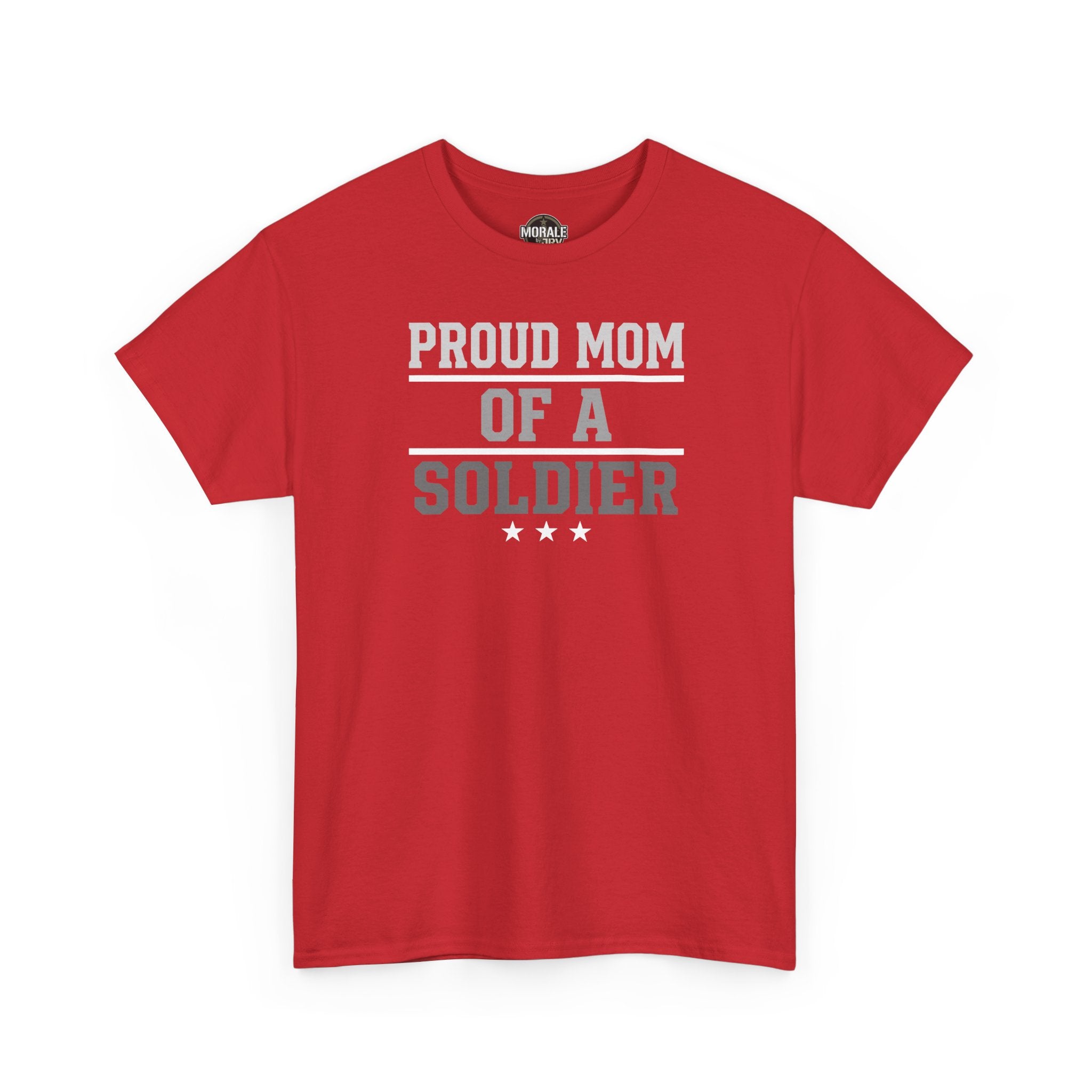 Red T-shirt with “Proud Mom of a Soldier” front graphic