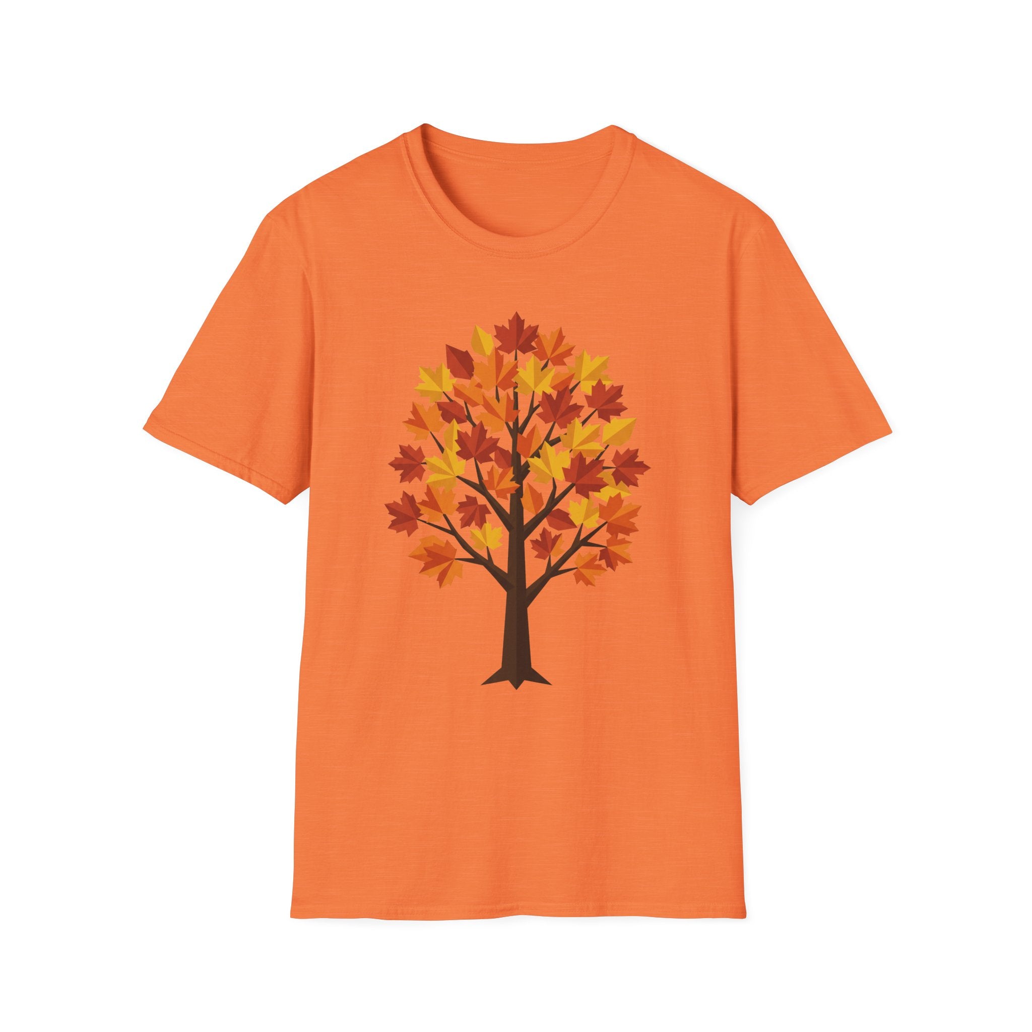 Camiseta naranja con árbol de arce otoñal y hojas coloridas, estampado frontal