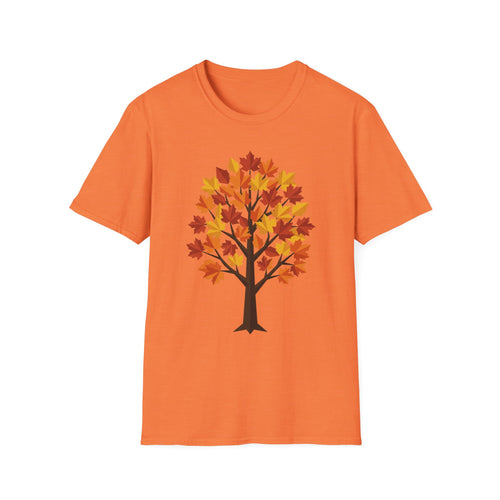 Camiseta naranja con árbol de arce otoñal y hojas coloridas, estampado frontal