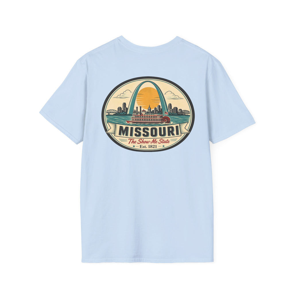 Missouri T-shirt in light blue with circular arch graphic and “Missouri” text