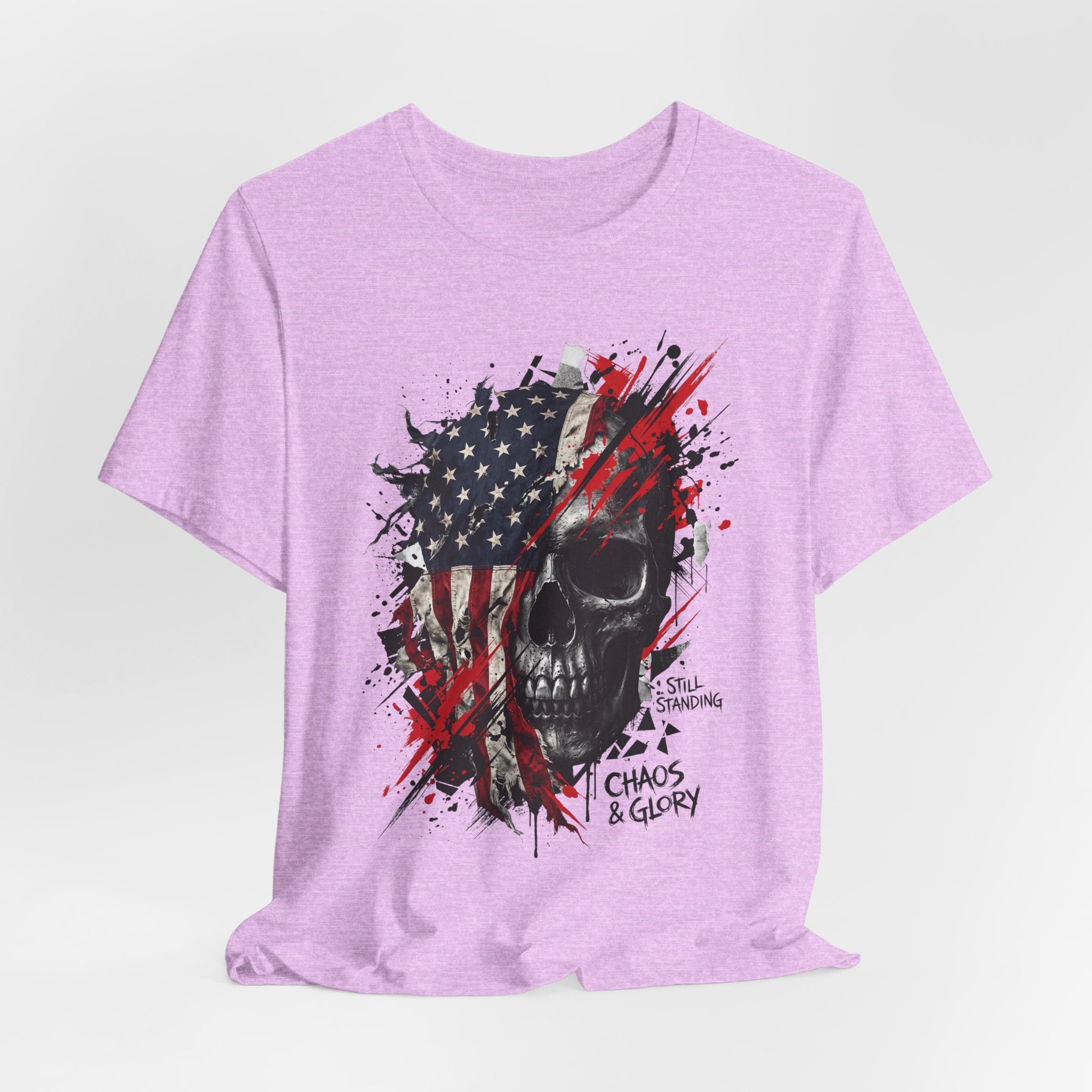 Purple crewneck T-shirt with American flag skull graphic, distressed red/black print