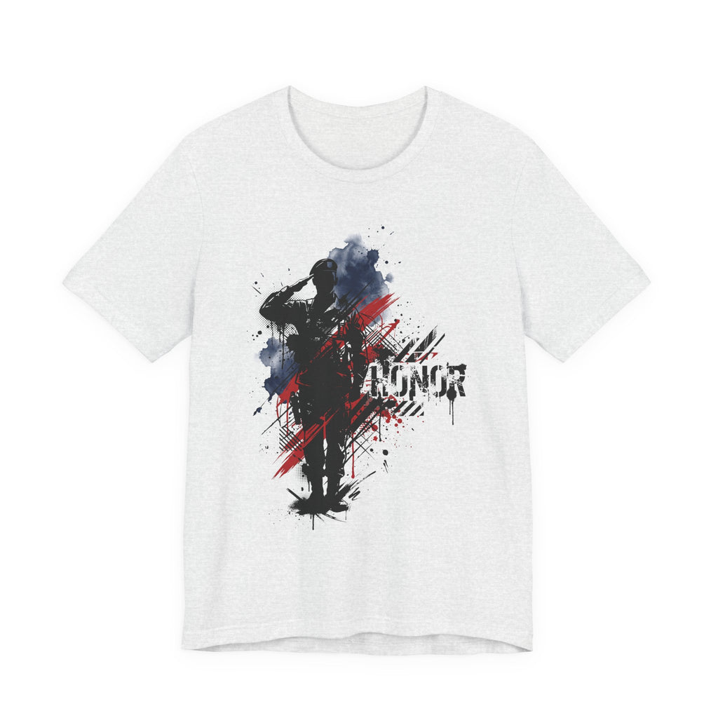 Light gray crewneck T-shirt with soldier silhouette and red-blue brushstroke graphic, front print.