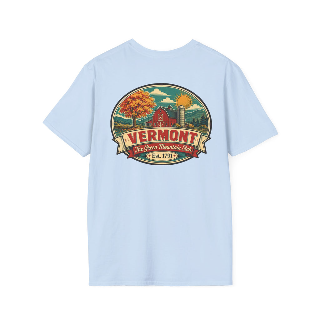Light blue T-shirt with Vermont badge graphic print, short sleeves, crew neck