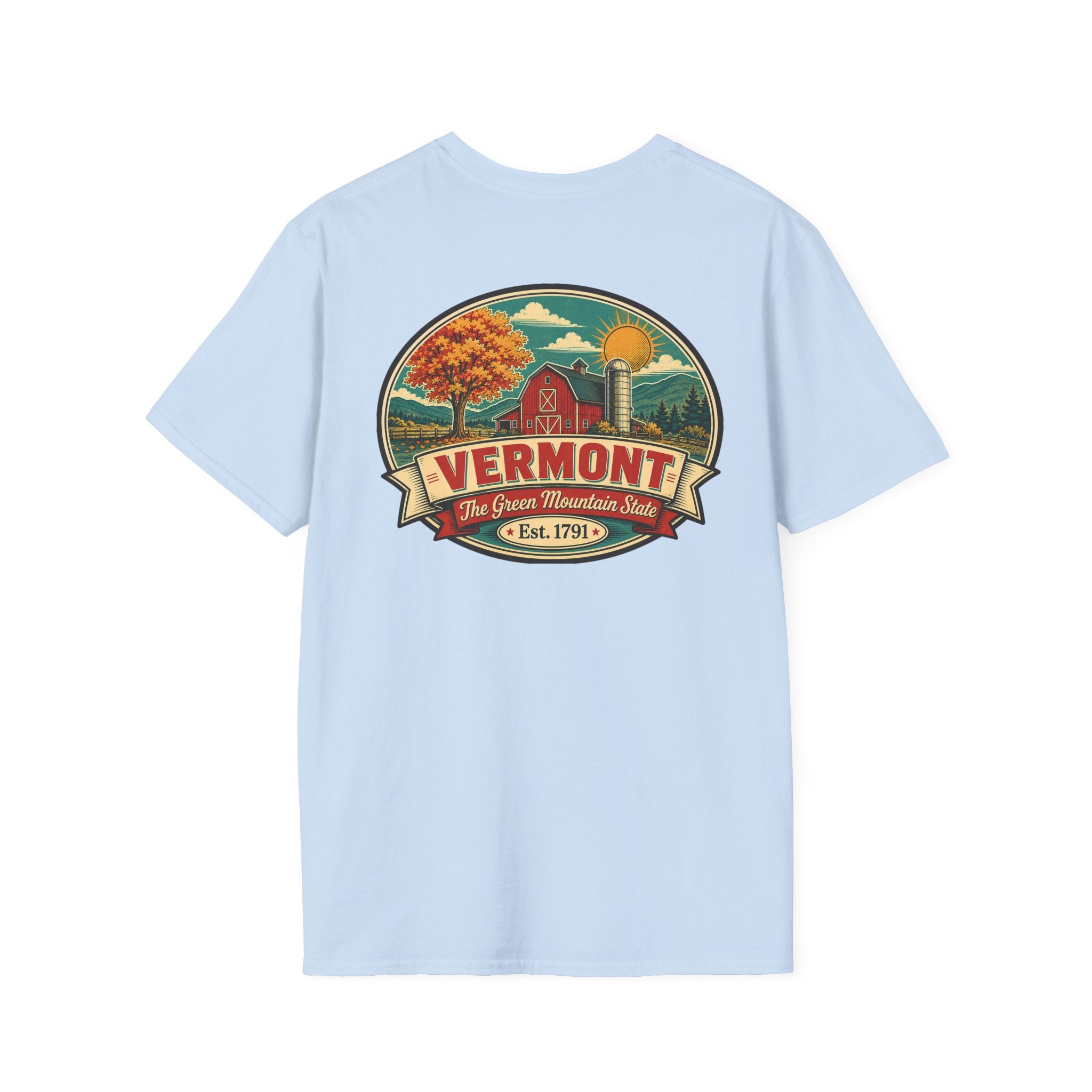 Light blue T-shirt with Vermont badge graphic print, short sleeves, crew neck