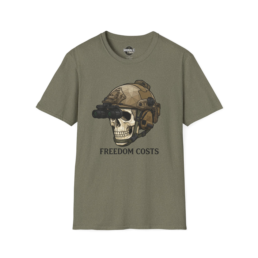 Freedom Costs skull tactical helmet graphic T-shirt, olive green with NVG goggles