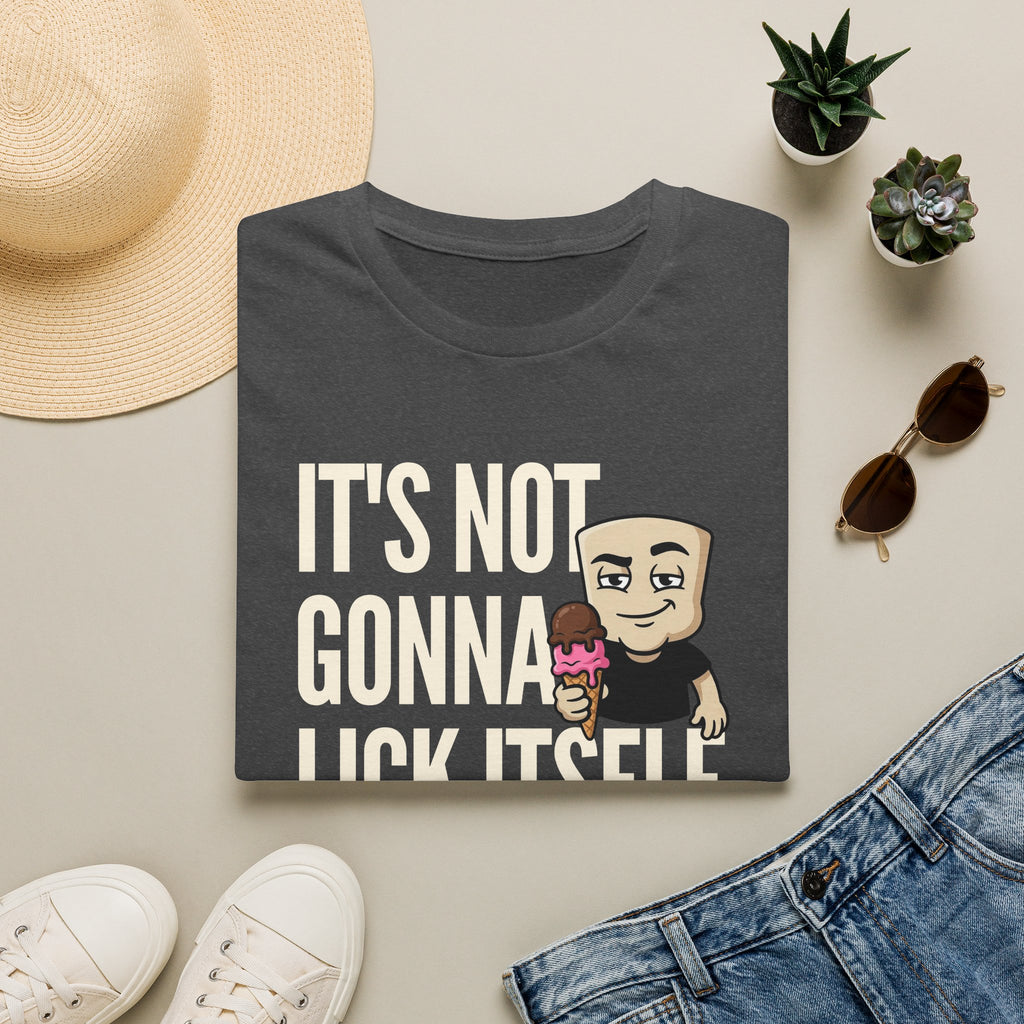 Gray T-shirt with 'IT'S NOT GONNA' text and cartoon ice cream character.