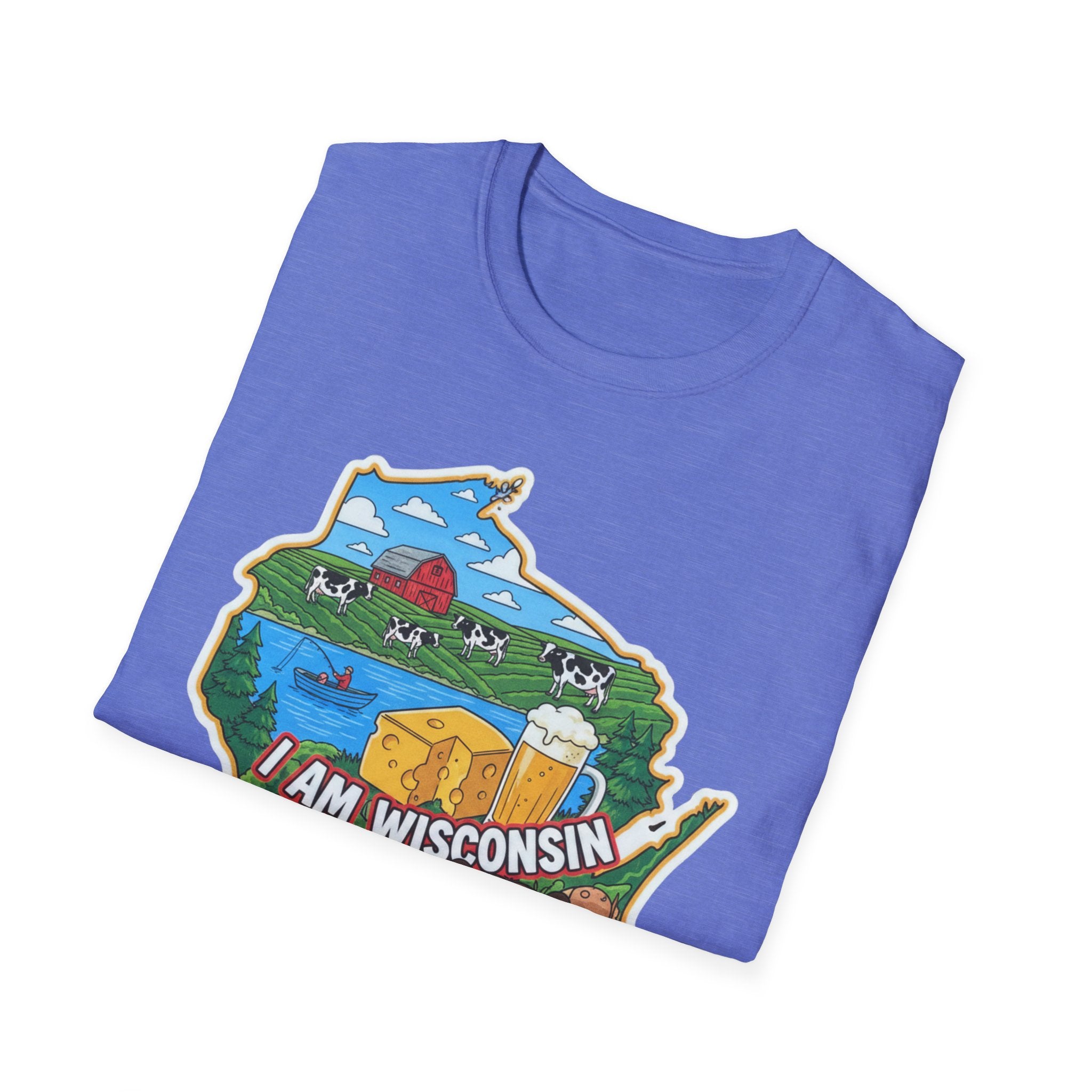 I AM Wisconsin T-Shirt, blau, Wisconsin-Kartenaufdruck mit Kuh- und Käsemotiven
