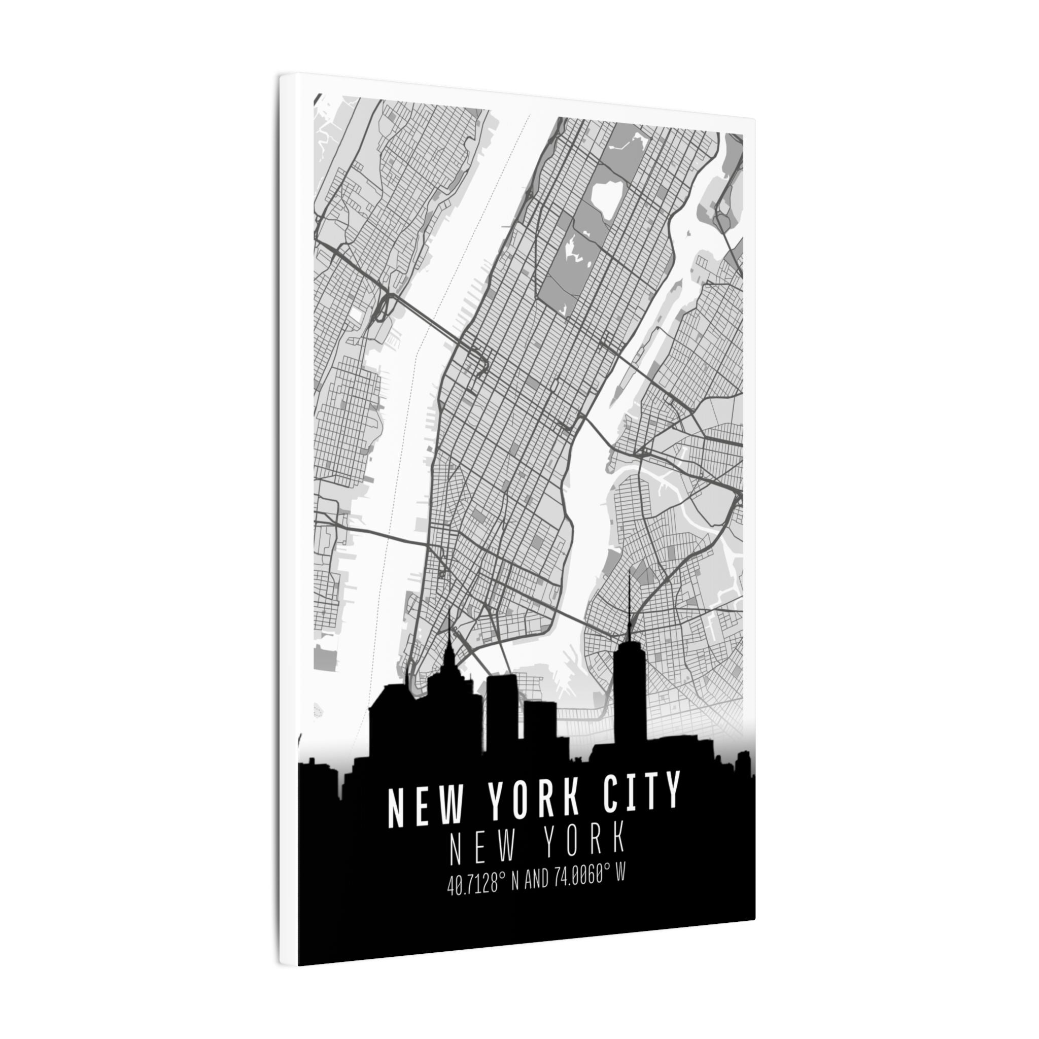 New York City skyline canvas map with white border, street grid, and black skyline silhouette