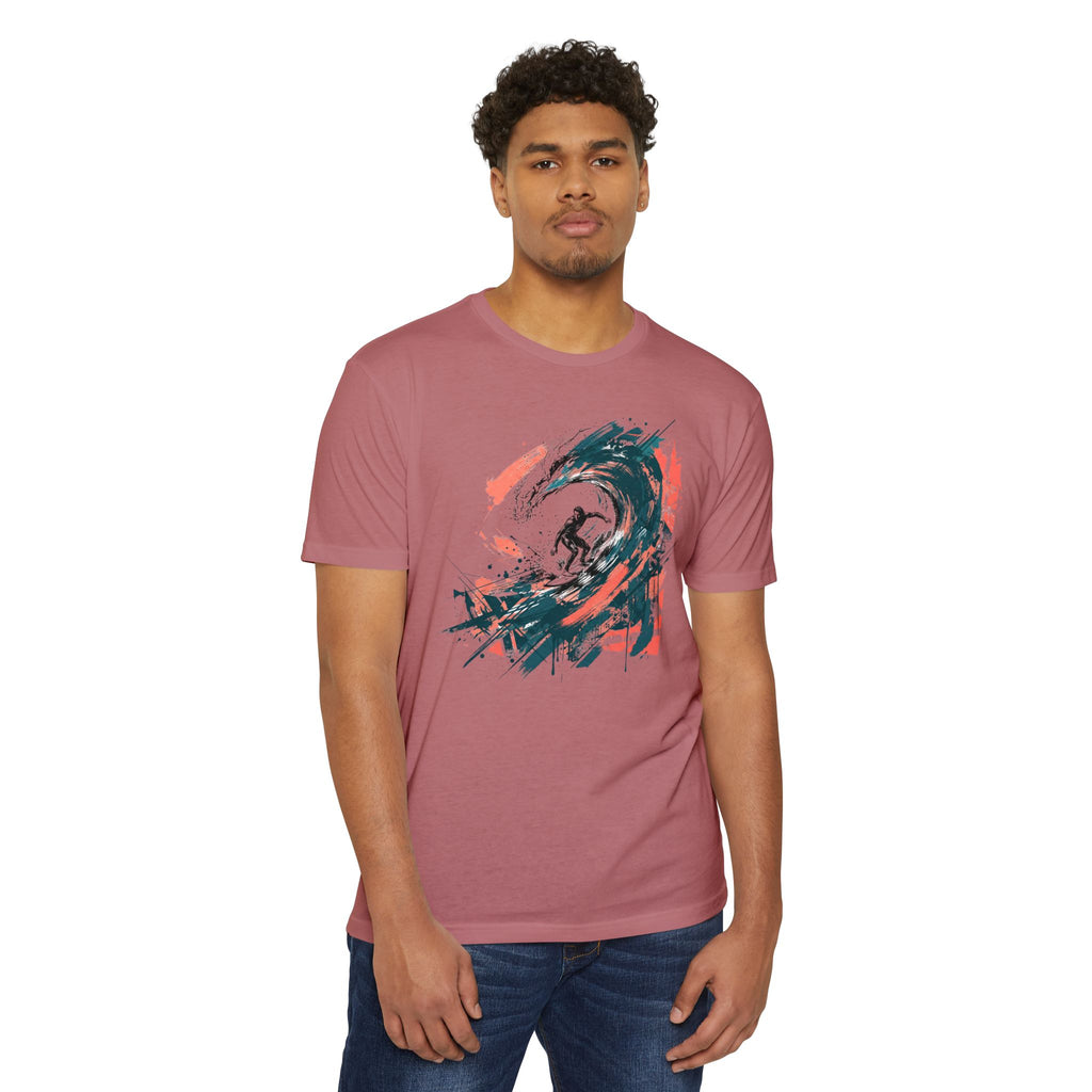Mauve crew-neck T-shirt with colorful abstract wave paintbrush graphic on front.