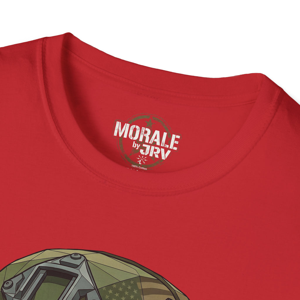 Skull in military helmet T-shirt, red—MORALE by TRV neck print and helmet top