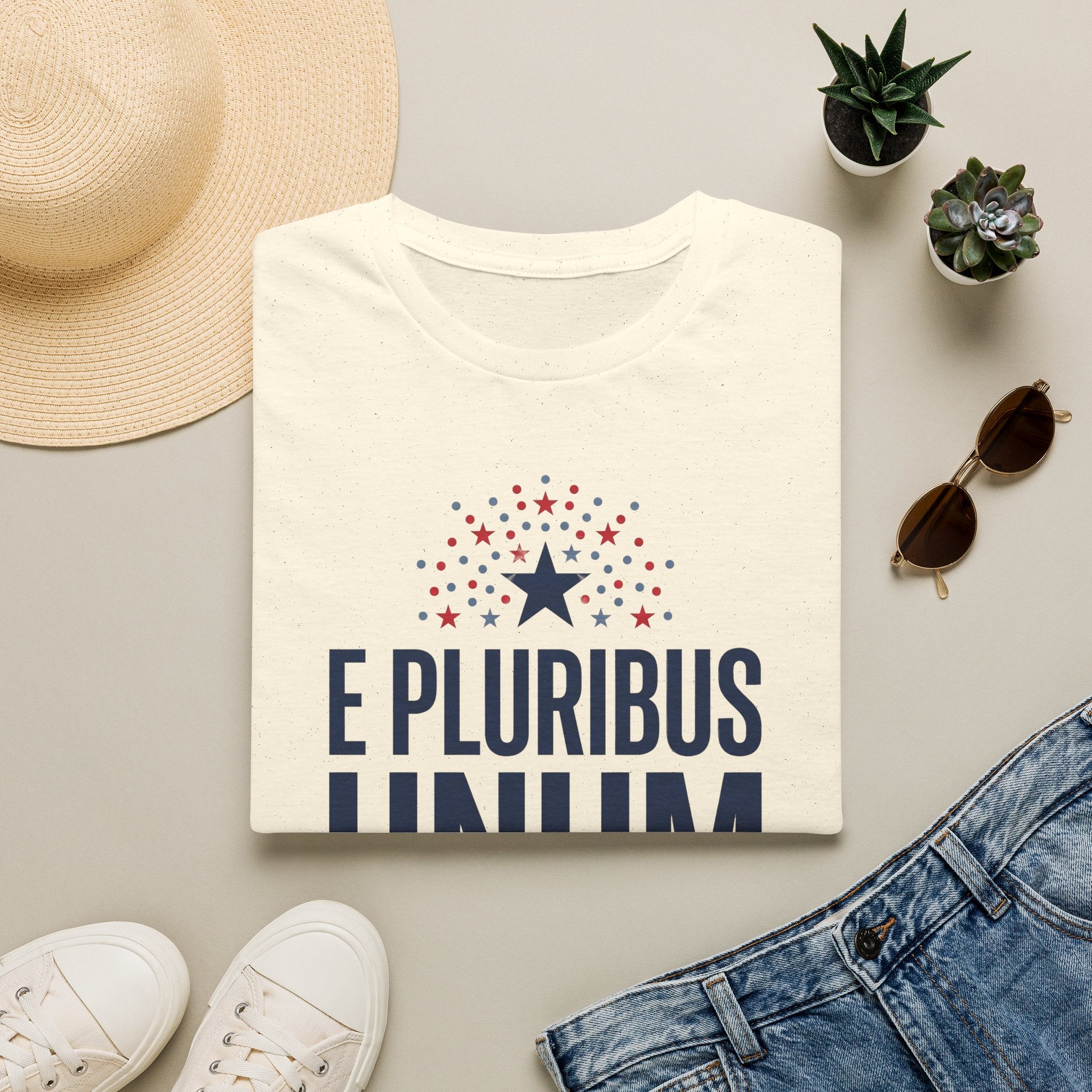 White crew-neck patriotic T-shirt with starburst, 'E Pluribus Unum' lettering