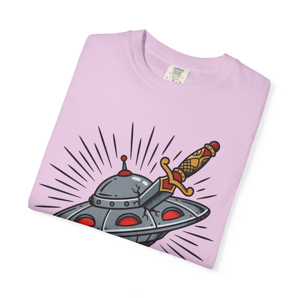 Light pink T-shirt folded flat, front UFO dagger illustration with rays