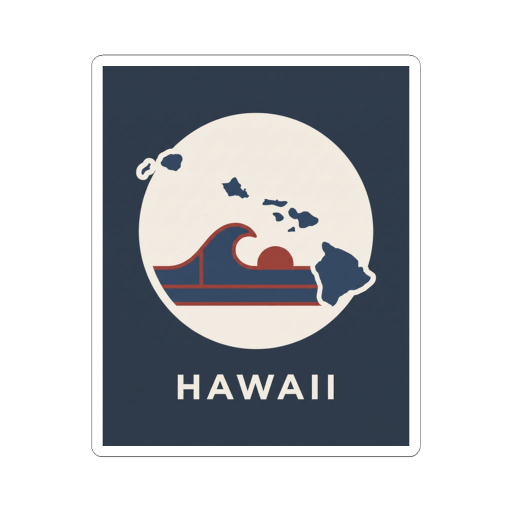 Navy square Hawaii surf badge sticker with white circle and wave map, kiss-cut
