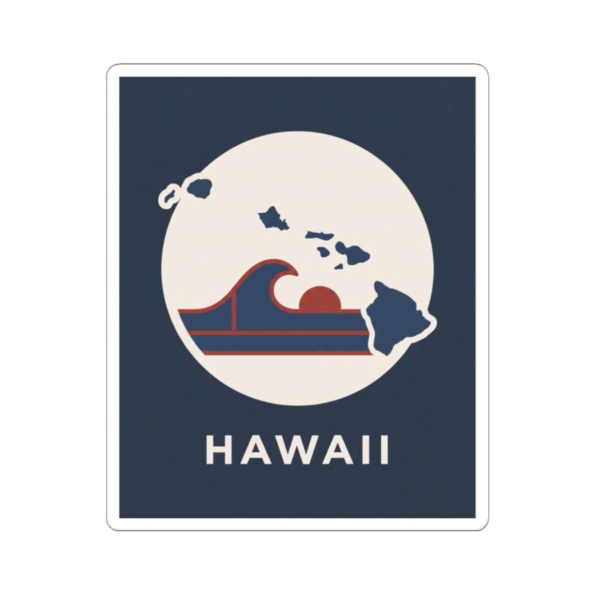 Navy square Hawaii surf badge sticker with white circle and wave map, kiss-cut