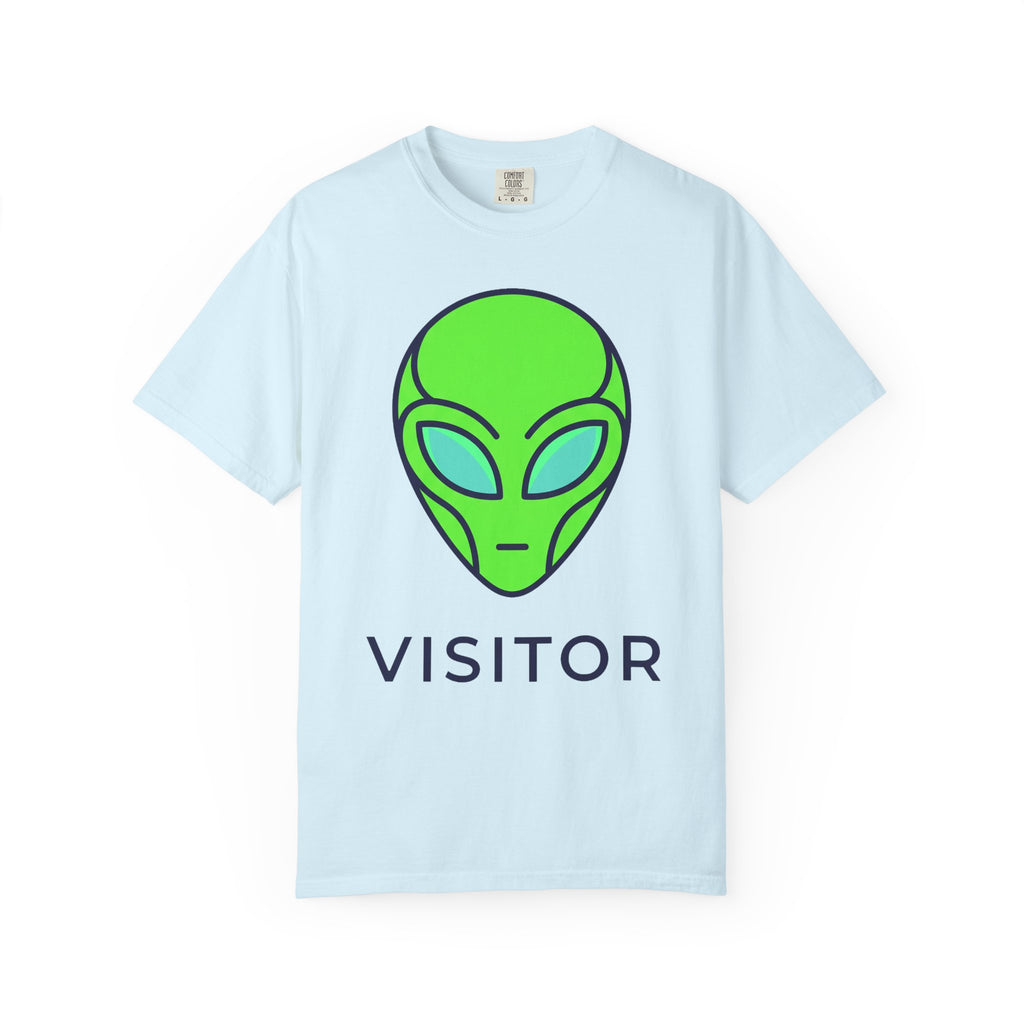 Light blue T-shirt with neon green alien head graphic and word VISITOR