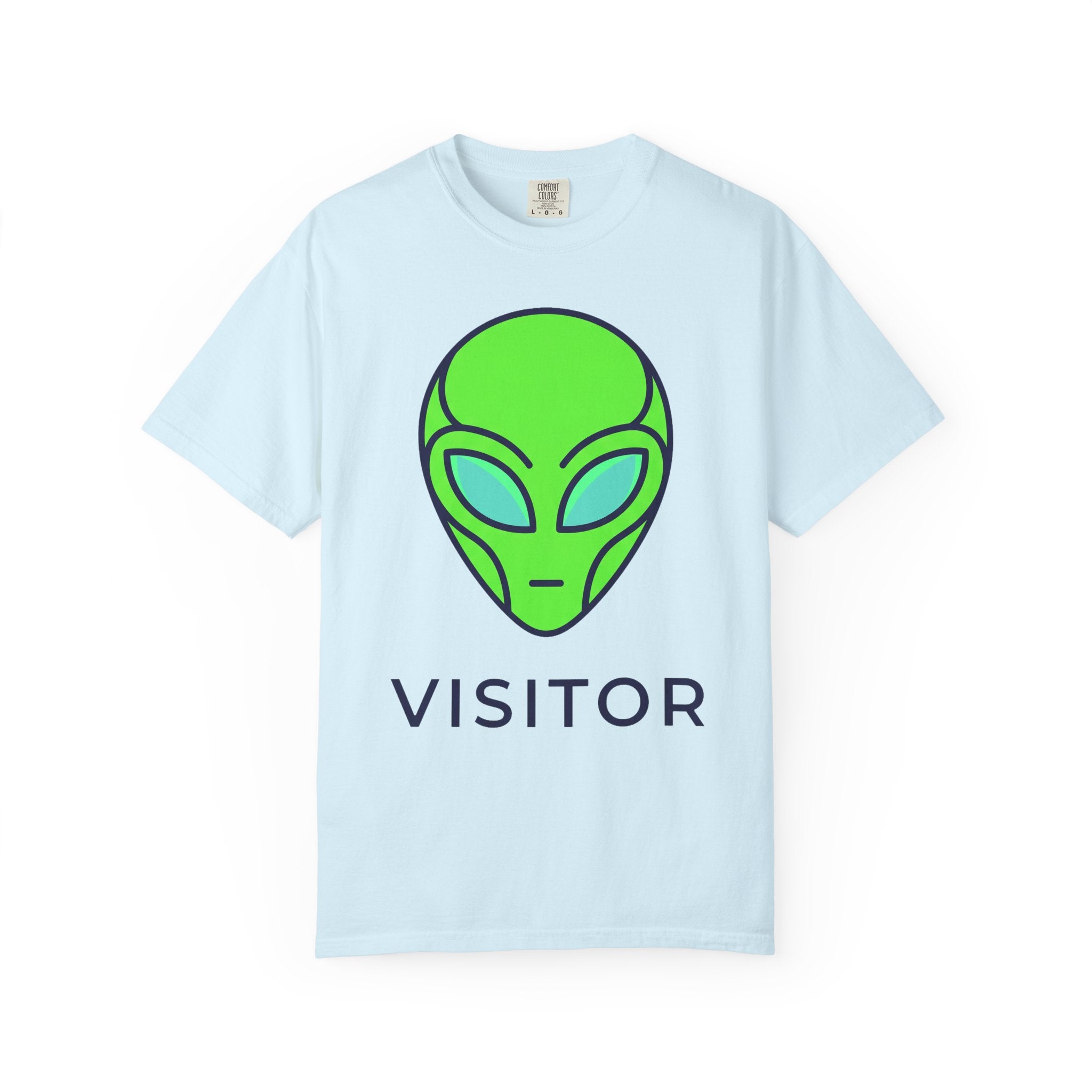 Light blue T-shirt with neon green alien head graphic and word VISITOR