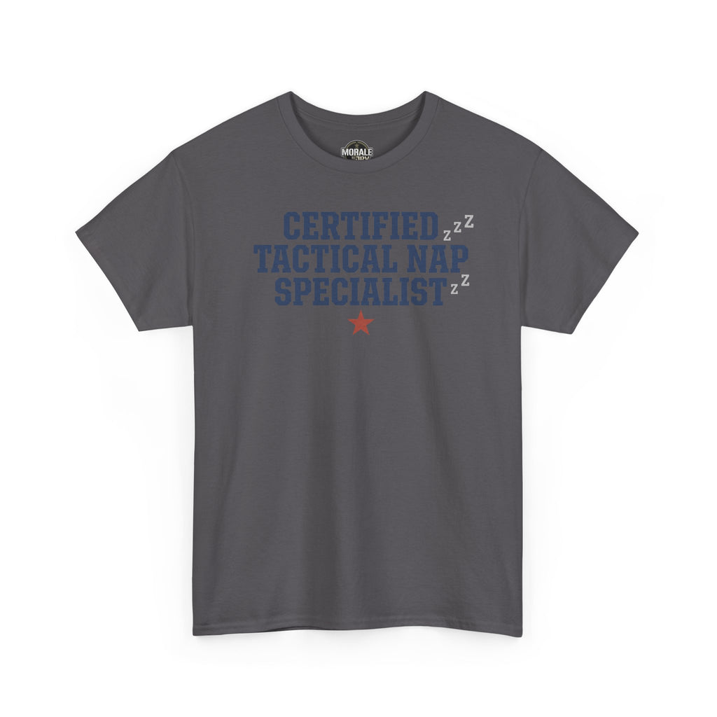 Charcoal tactical nap specialist tee with blue "Certified Tactical Nap Specialist" graphic
