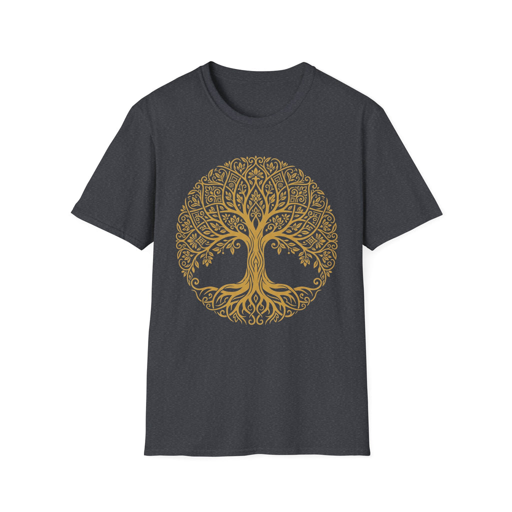 Tree of Life T-shirt in dark gray with gold tree of life mandala design