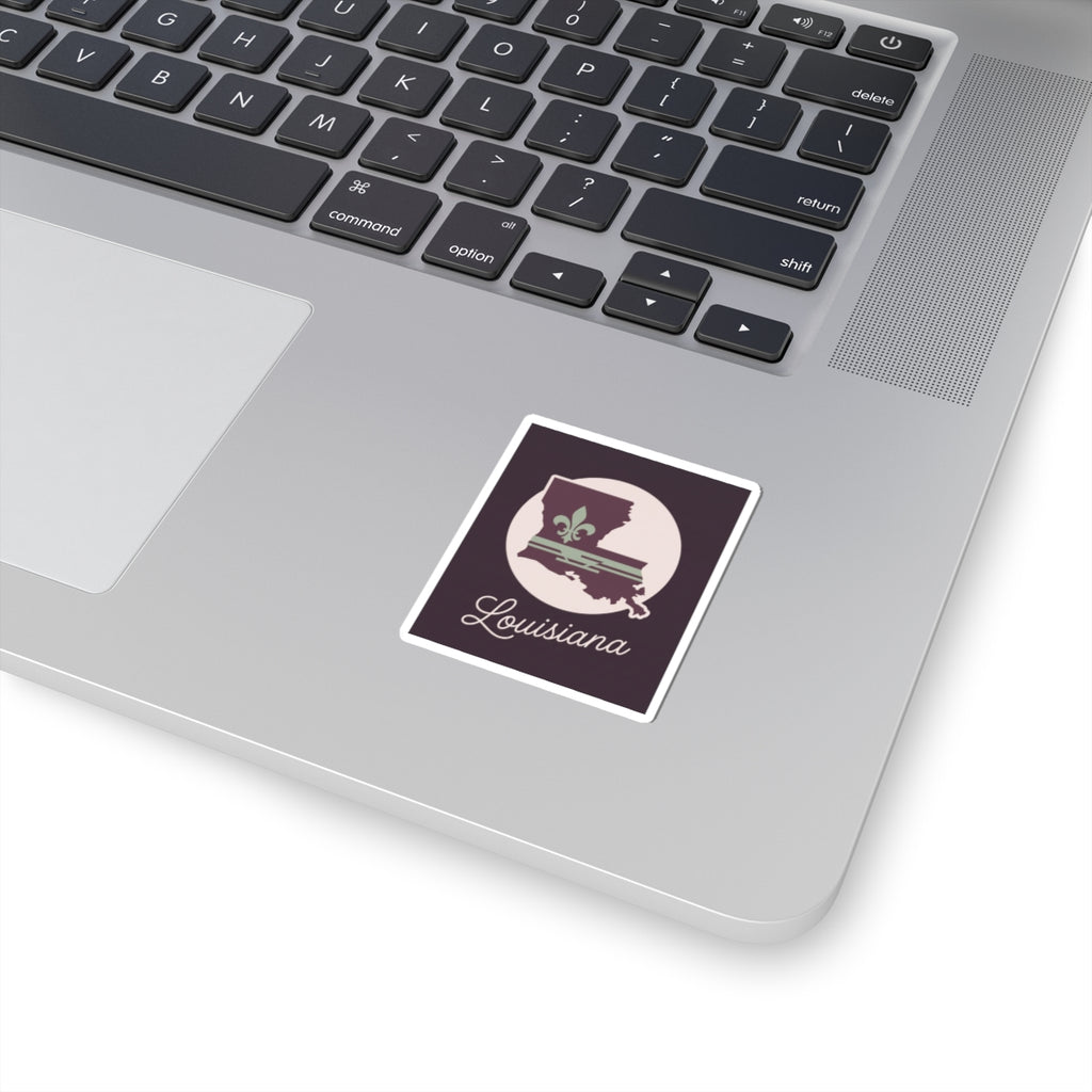 Mauve Louisiana silhouette square sticker with fleur de lis and cursive 'Louisiana' text