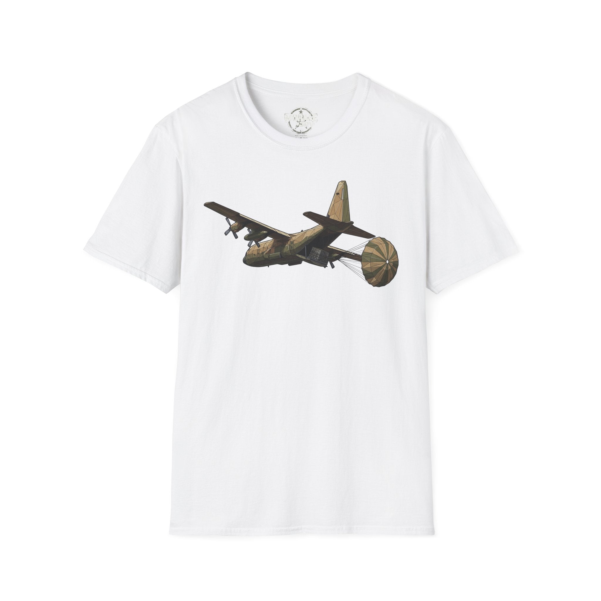 White T-shirt with vintage C-130 cargo plane graphic on the chest