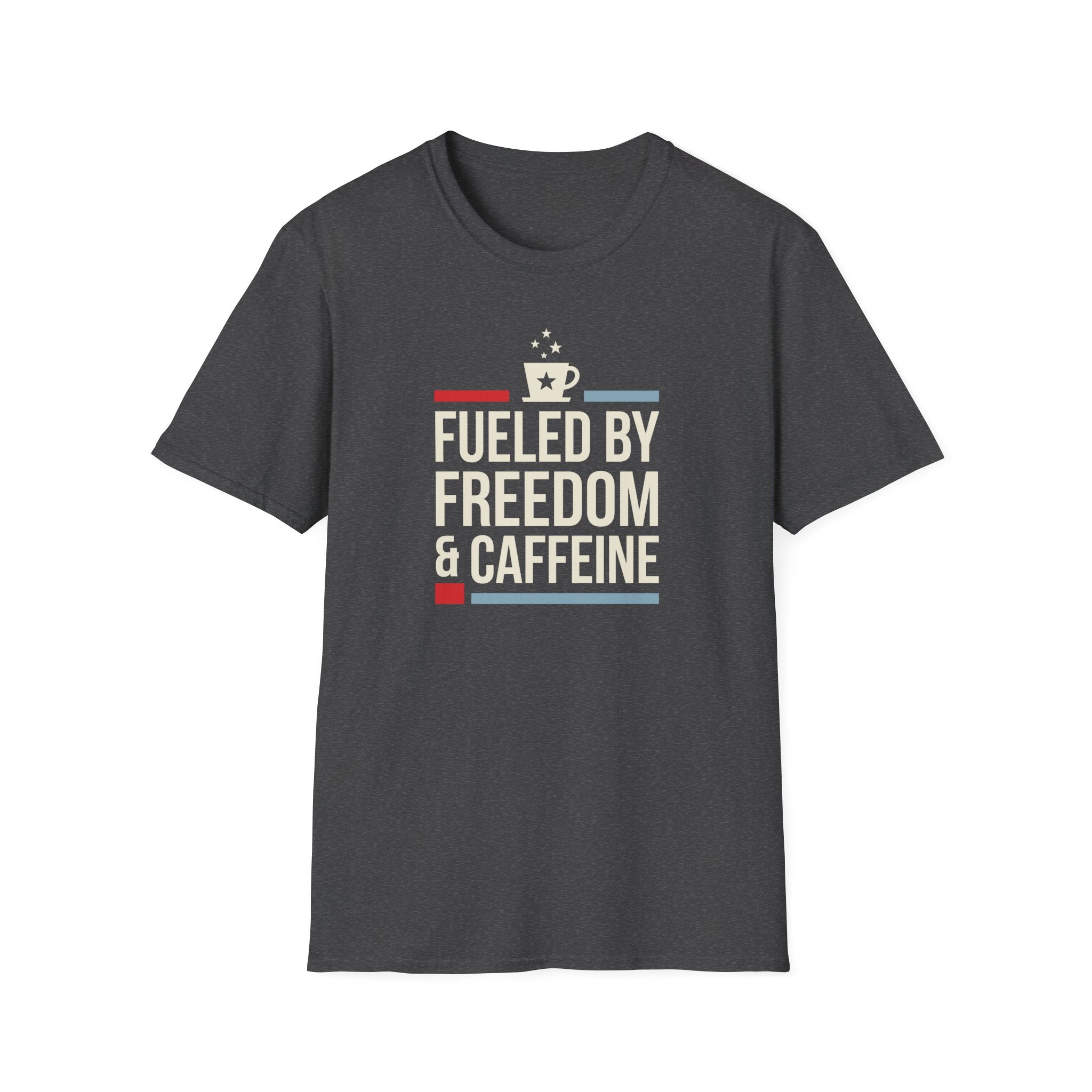 Charcoal crew-neck t-shirt with colorful "Fueled by Freedom & Caffeine" front graphic