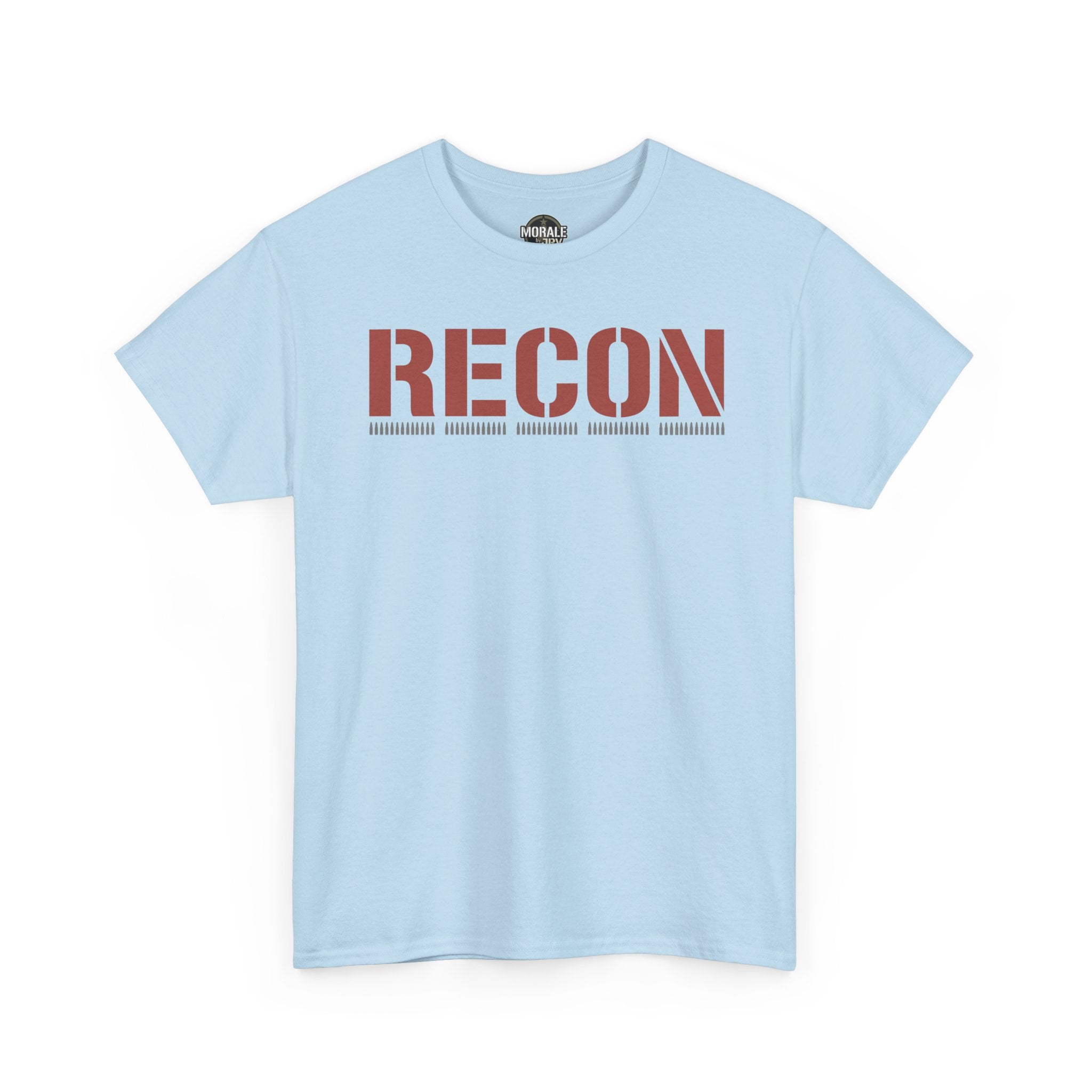 Military-style T-shirt, light blue with RECON red stencil graphic