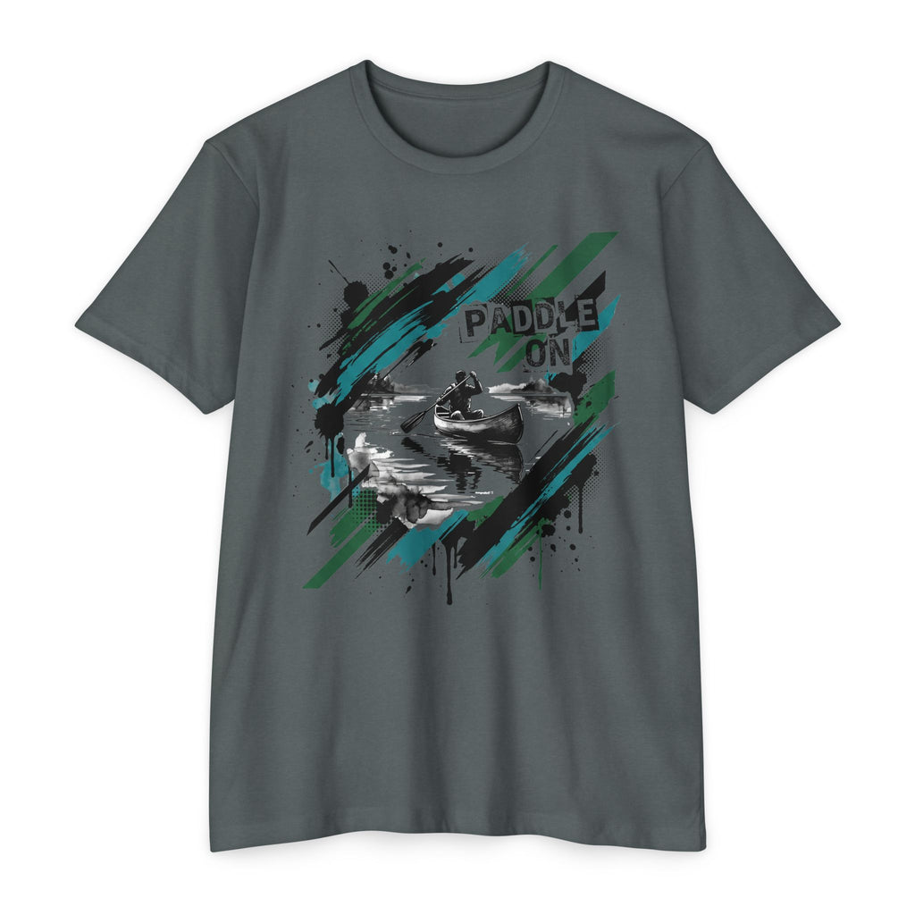 Charcoal gray T-shirt with front kayaking graphic reading “PADDLE ON”