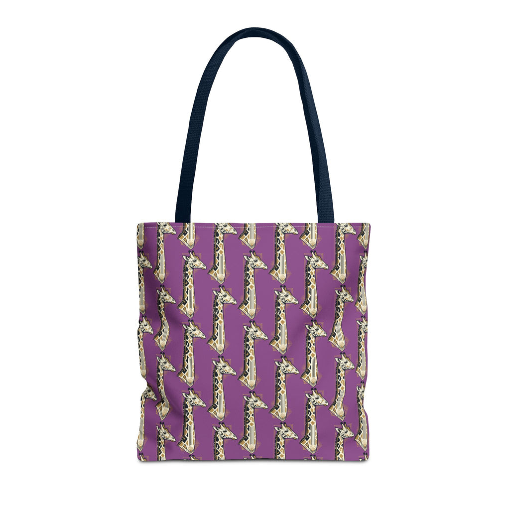 Purple tote bag with repeating saxophone pattern, dark navy handles