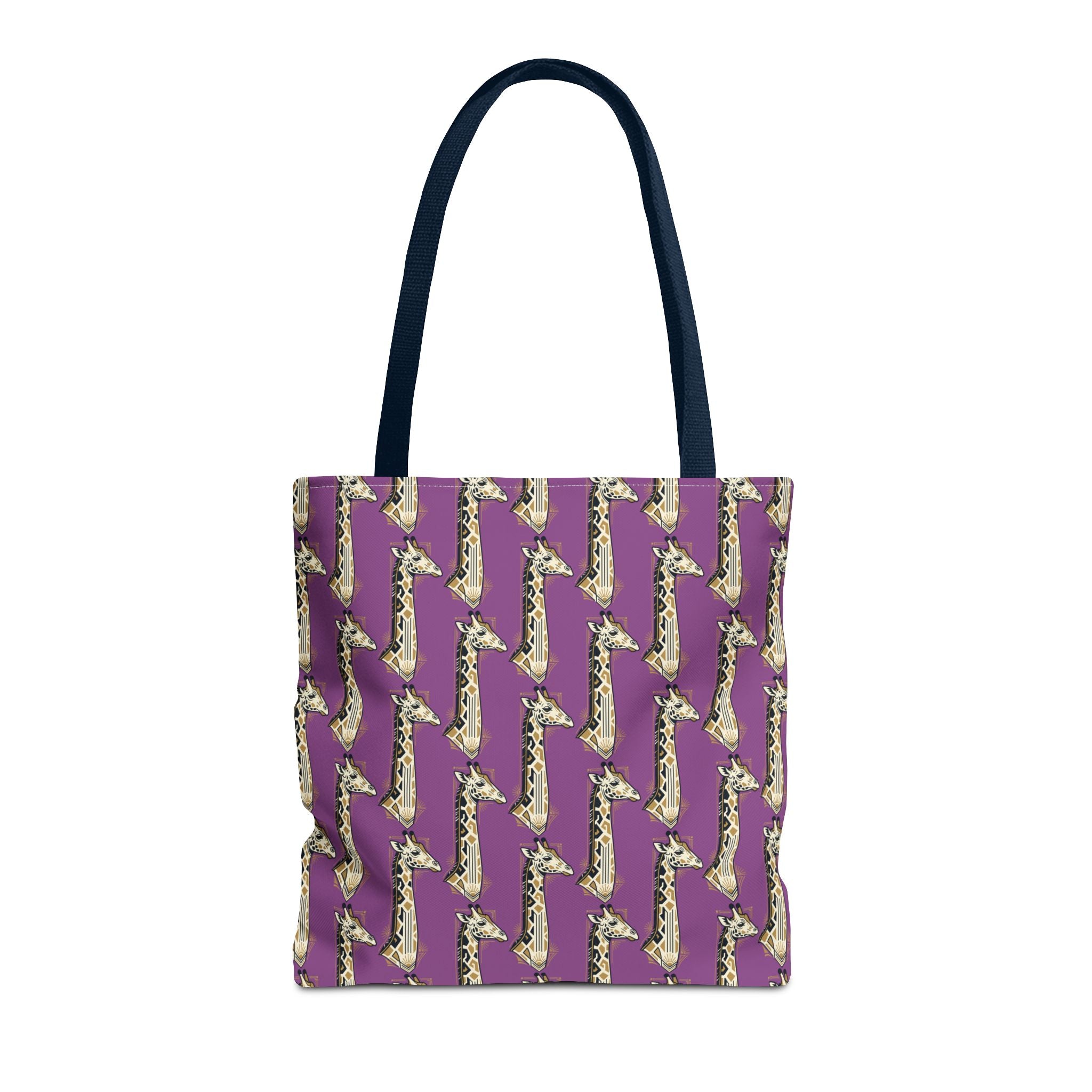 Purple tote bag with repeating saxophone pattern, dark navy handles