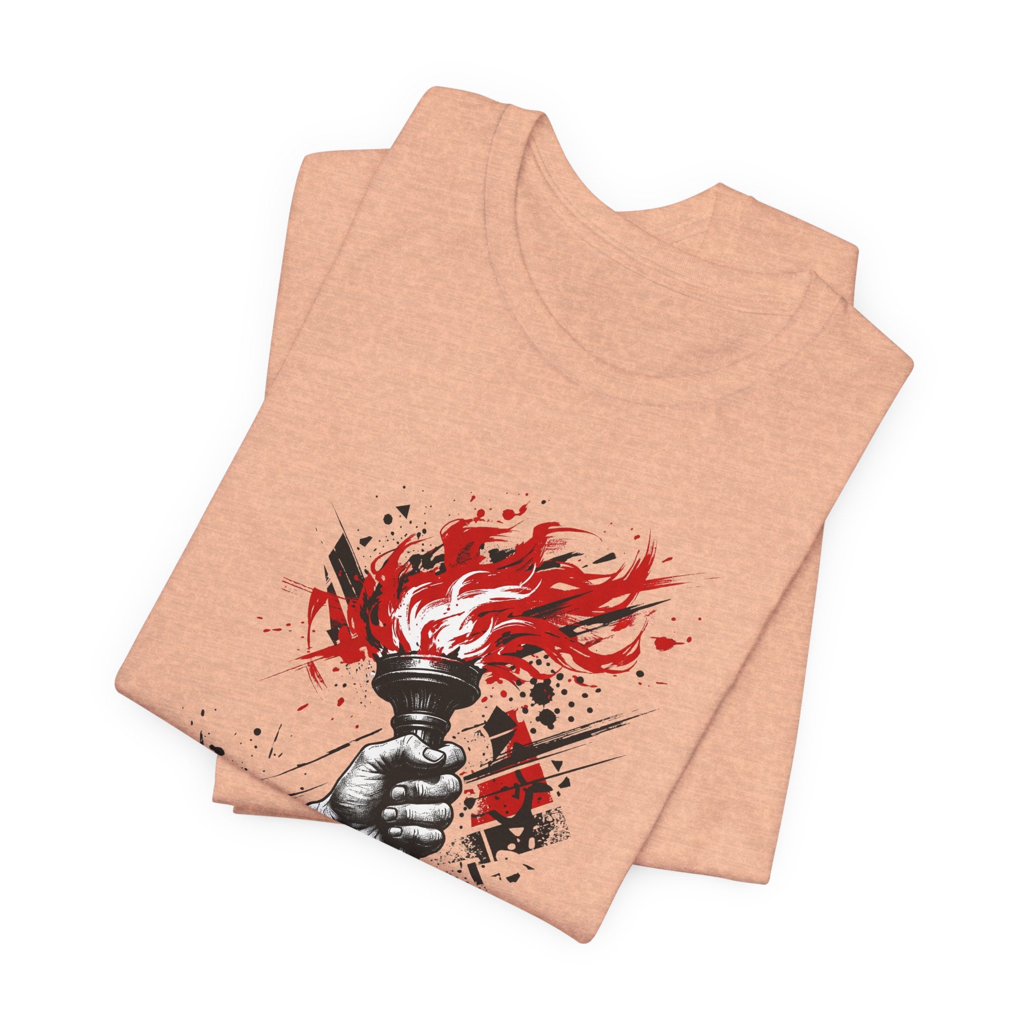 Peach crewneck T-shirt with red flame torch graphic and paint splatter.