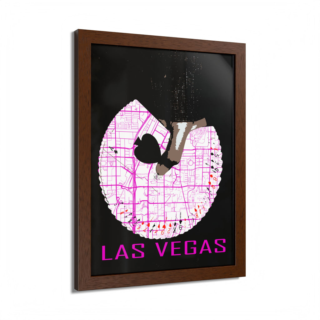 Las Vegas Pinup-Poster: brauner Rahmen, Kartenform mit Silhouette, Magenta Schrift „LAS VEGAS“