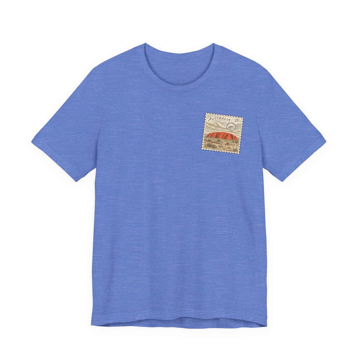 Heather blue t-shirt with small vintage postage-stamp style graphic on the chest