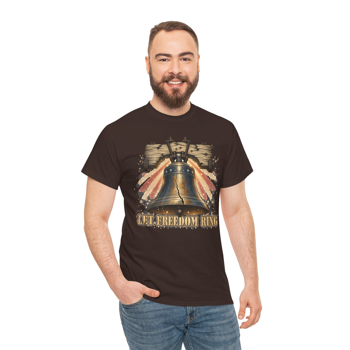 Charcoal short-sleeve crewneck T-shirt with patriotic liberty bell graphic on model.