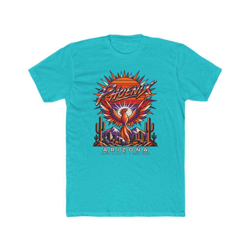 Bright teal crew-neck T-shirt with colorful phoenix-and-cactus Arizona graphic