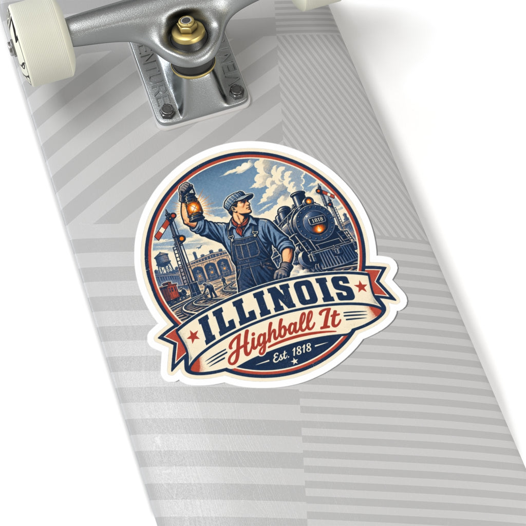 Vinyl sticker on light gray surface showing Illinois Highball It script and train emblem