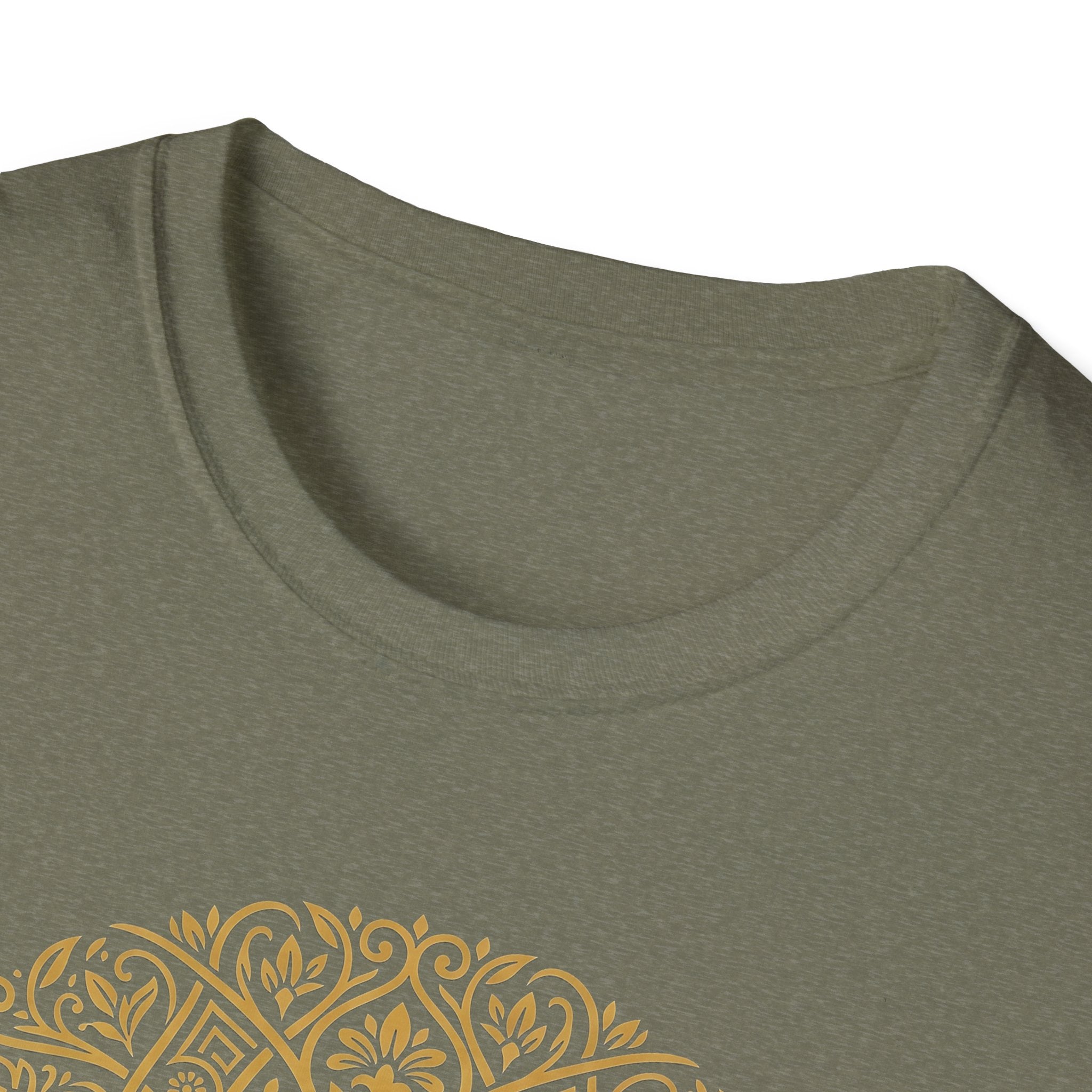 Gold Tree of Life T-shirt, dark heather gray crew neck close-up