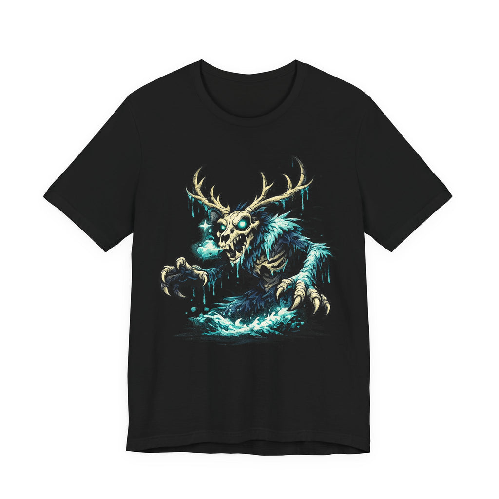 Black crewneck t-shirt with teal glow deer skull monster graphic