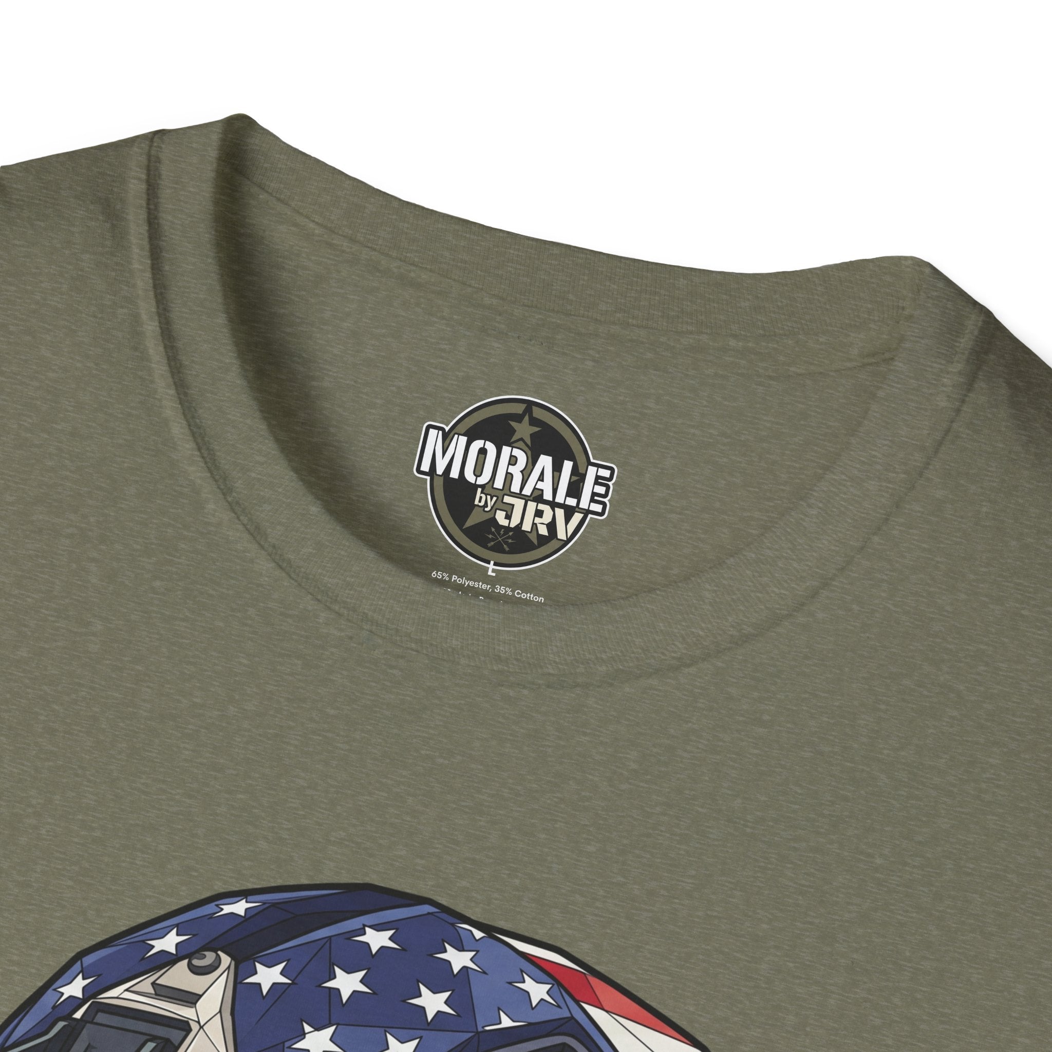 Skull tactical helmet T-shirt in olive green with neck logo and part of flag helmet print