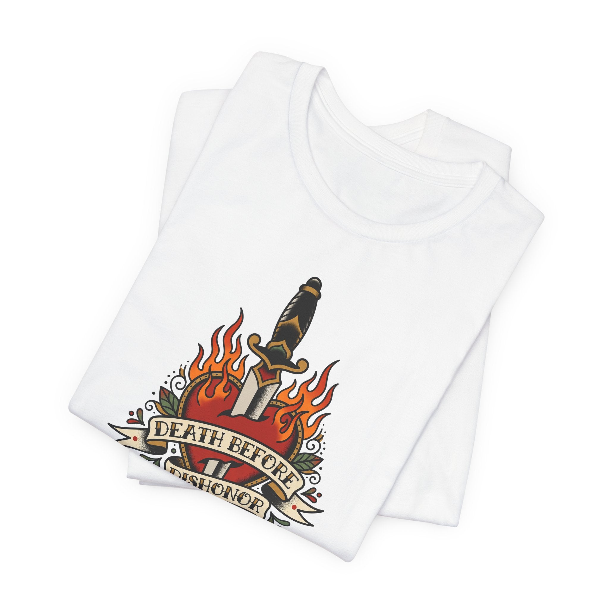 White T-shirt with flaming dagger and banner graphic on front
