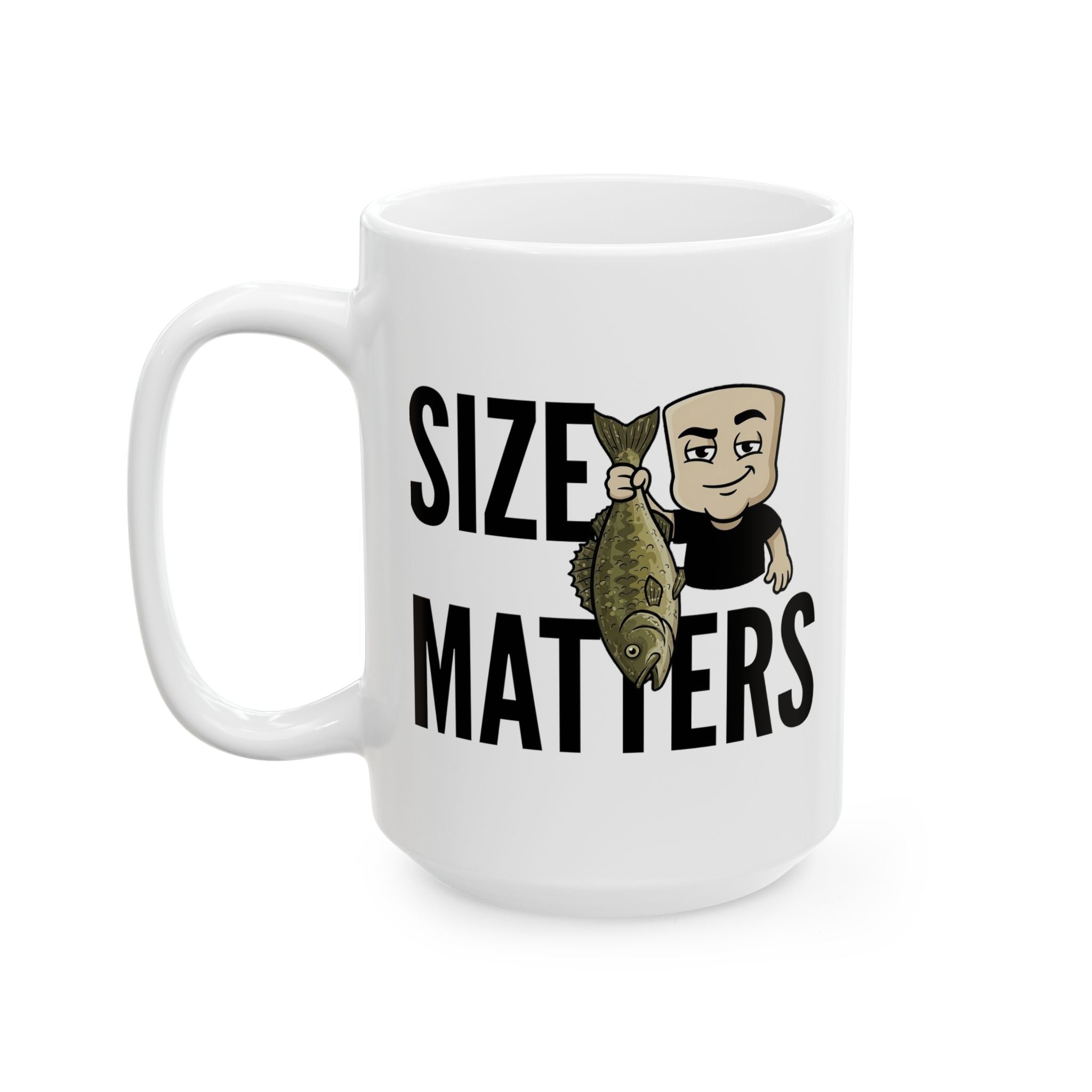 White ceramic mug with 'SIZE MATTERS' text and cartoon fisherman holding a fish