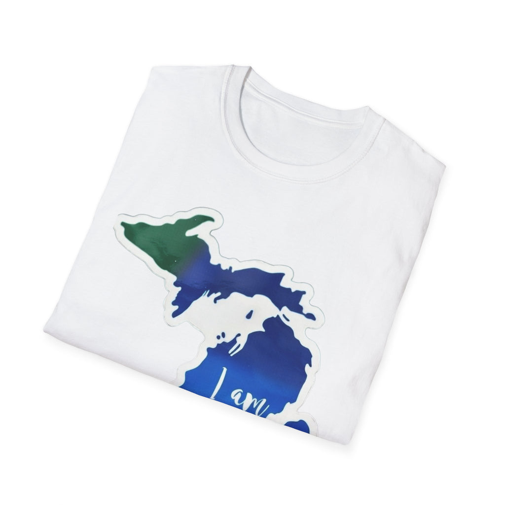 White folded T-shirt with Michigan map graphic and red heart on the chest