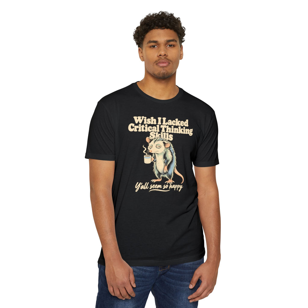 Short-sleeve black T-shirt with opossum holding coffee and printed slogan