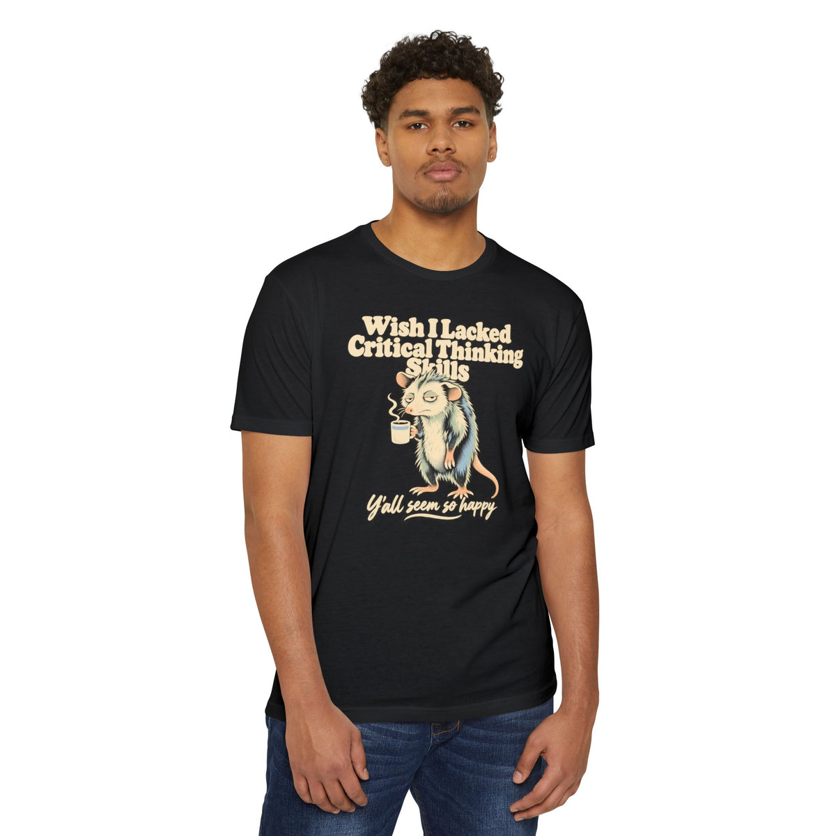 Short-sleeve black T-shirt with opossum holding coffee and printed slogan