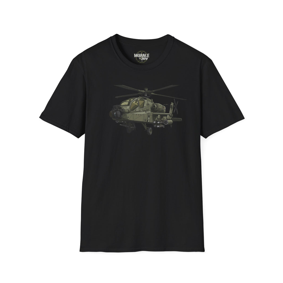 Black crew-neck T-shirt with olive helicopter graphic and small chest logo